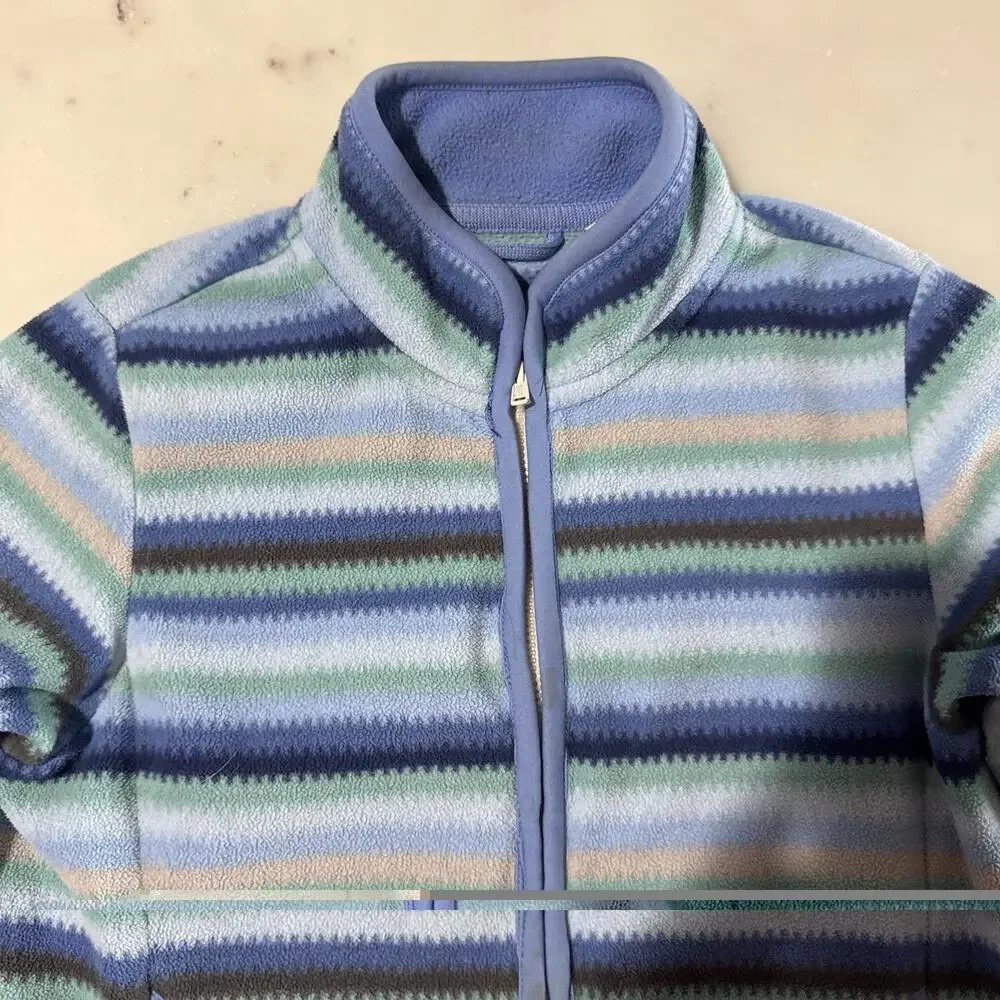 Uniqlo Kid's 7-8 Fleece Jacket Striped Blue Full Zip Mock Neck Pocket Outerwear